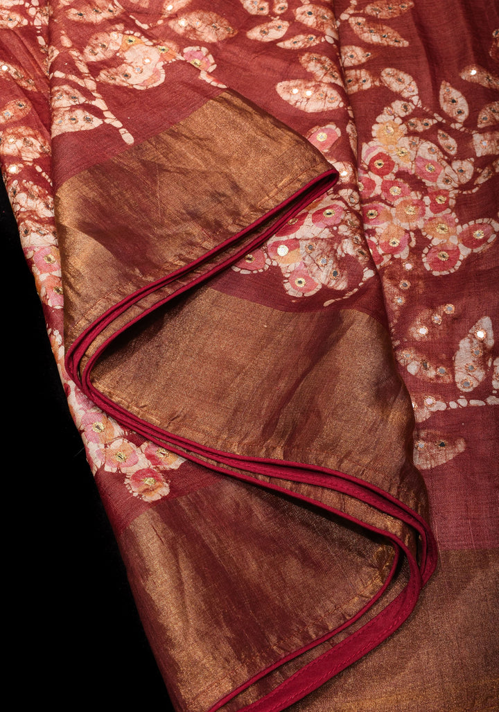 Earthly Red Tussar Silk Saree and Embroidered Mirror Work with Floral Batik leaf Print | SILK MARK CERTIFIED