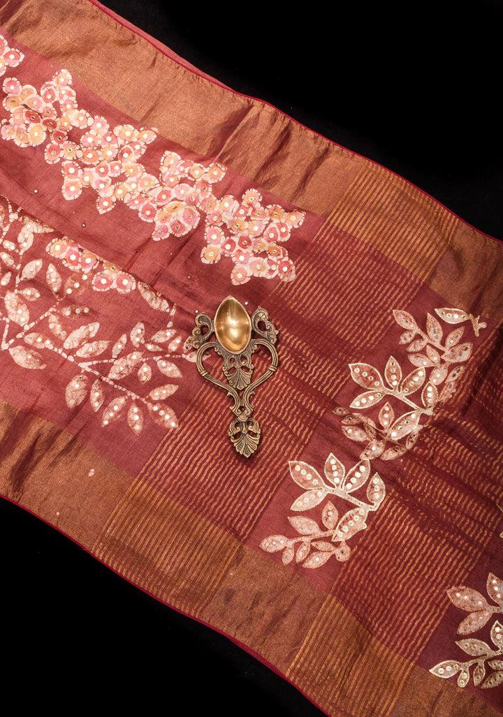 Earthly Red Tussar Silk Saree and Embroidered Mirror Work with Floral Batik leaf Print | SILK MARK CERTIFIED