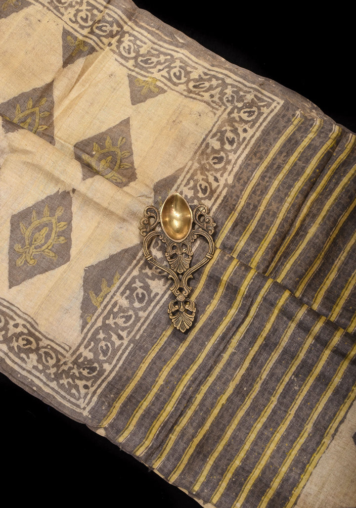 Pure Gachi Tussar Silk Saree With Vanaspati Hand Block Print Handmade saree | SILK MARK CERTIFIED