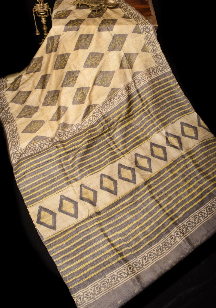 Pure Gachi Tussar Silk Saree With Vanaspati Hand Block Print Handmade saree | SILK MARK CERTIFIED