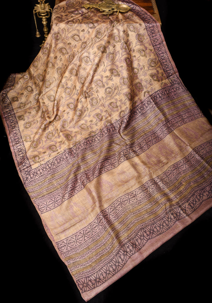 Authentic Vanaspati hand Block Print on Pure Tussar Silk Saree | SILK MARK CERTIFIED