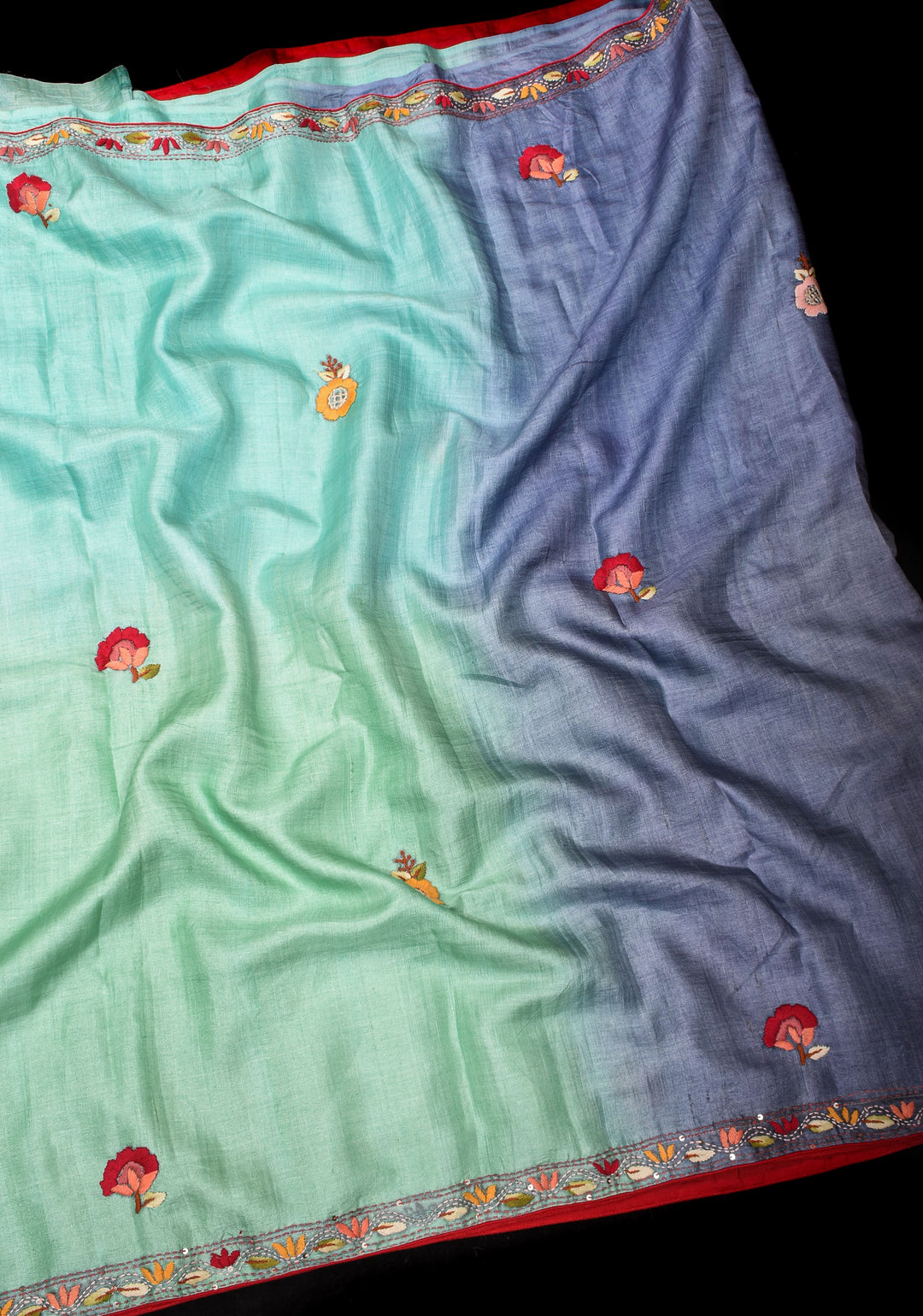 Aqua Blue and Bluish Gray Ombre Tussar silk saree with Kantha hand embroidery Floral Design | SILK MARK CERTIFIED