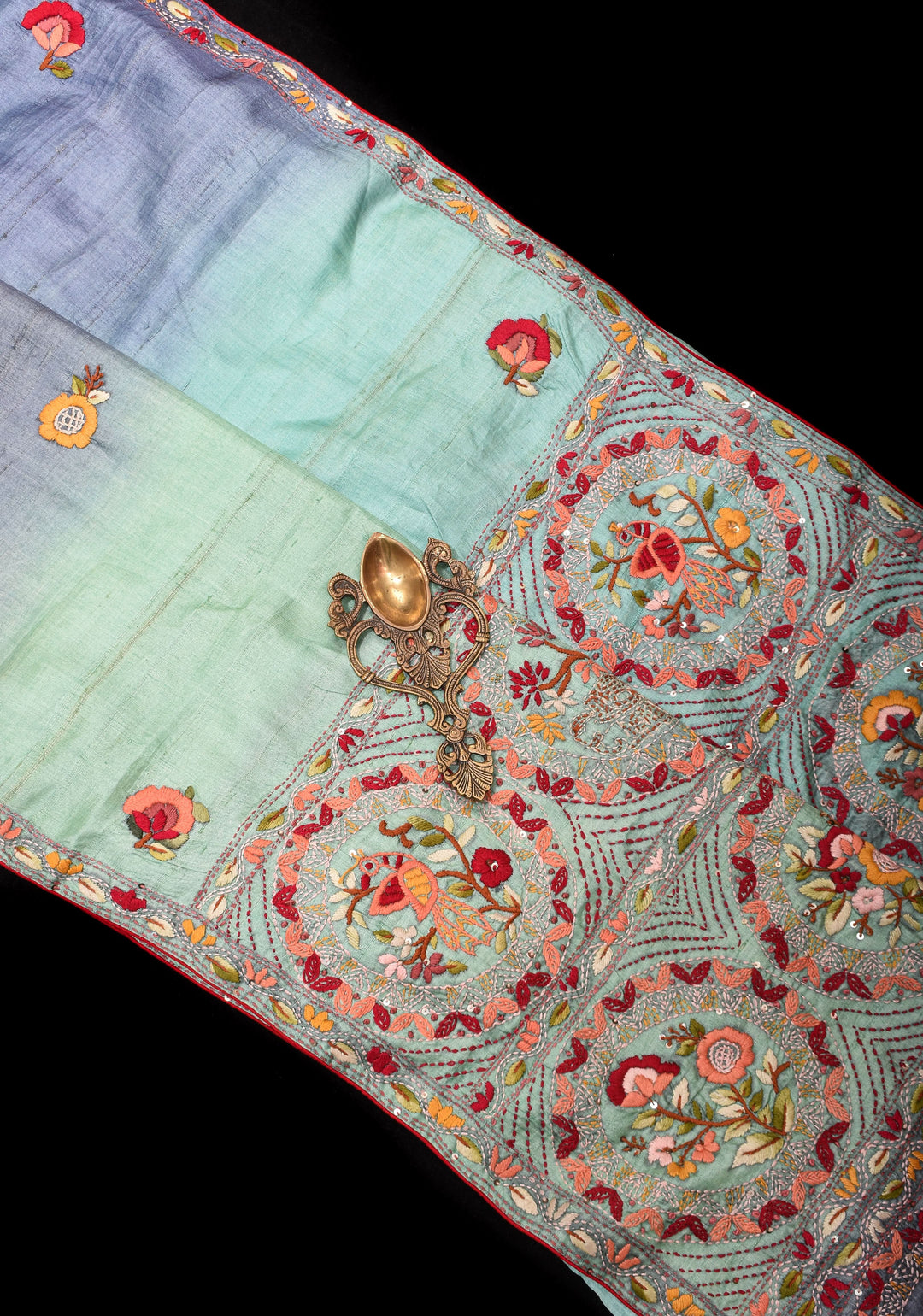 Aqua Blue and Bluish Gray Ombre Tussar silk saree with Kantha hand embroidery Floral Design | SILK MARK CERTIFIED
