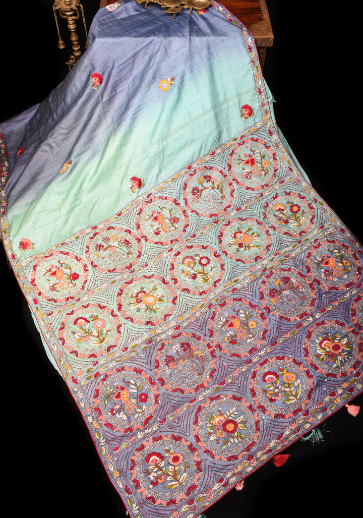 Aqua Blue and Bluish Gray Ombre Tussar silk saree with Kantha hand embroidery Floral Design | SILK MARK CERTIFIED