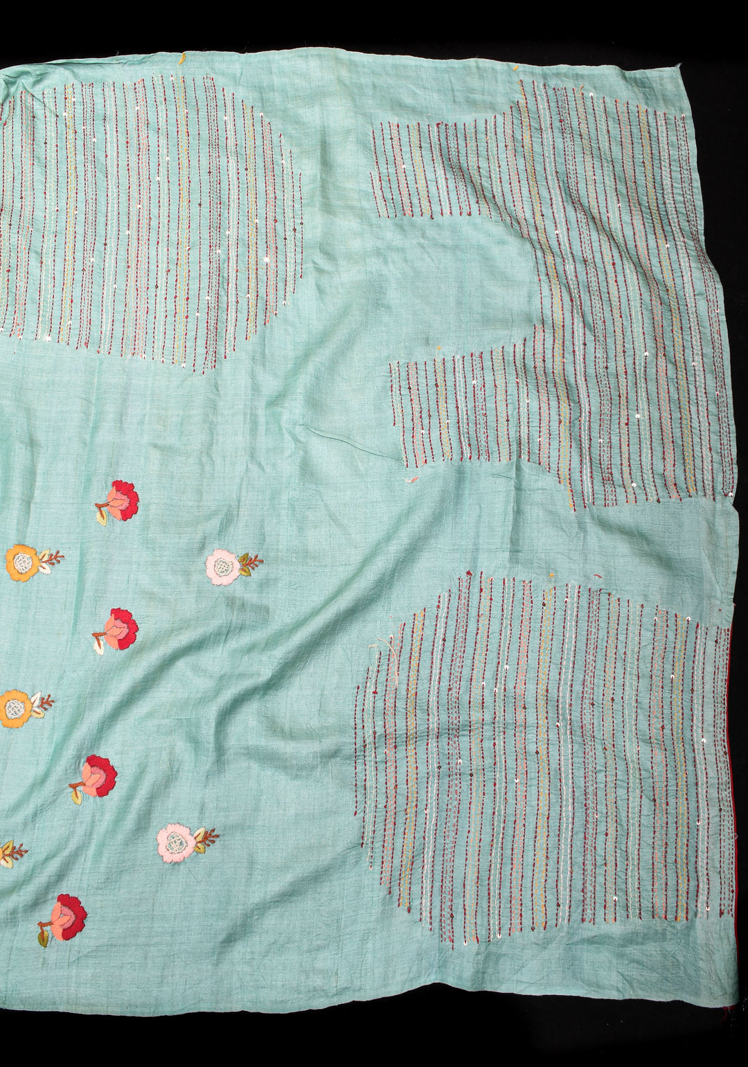 Aqua Blue and Bluish Gray Ombre Tussar silk saree with Kantha hand embroidery Floral Design | SILK MARK CERTIFIED