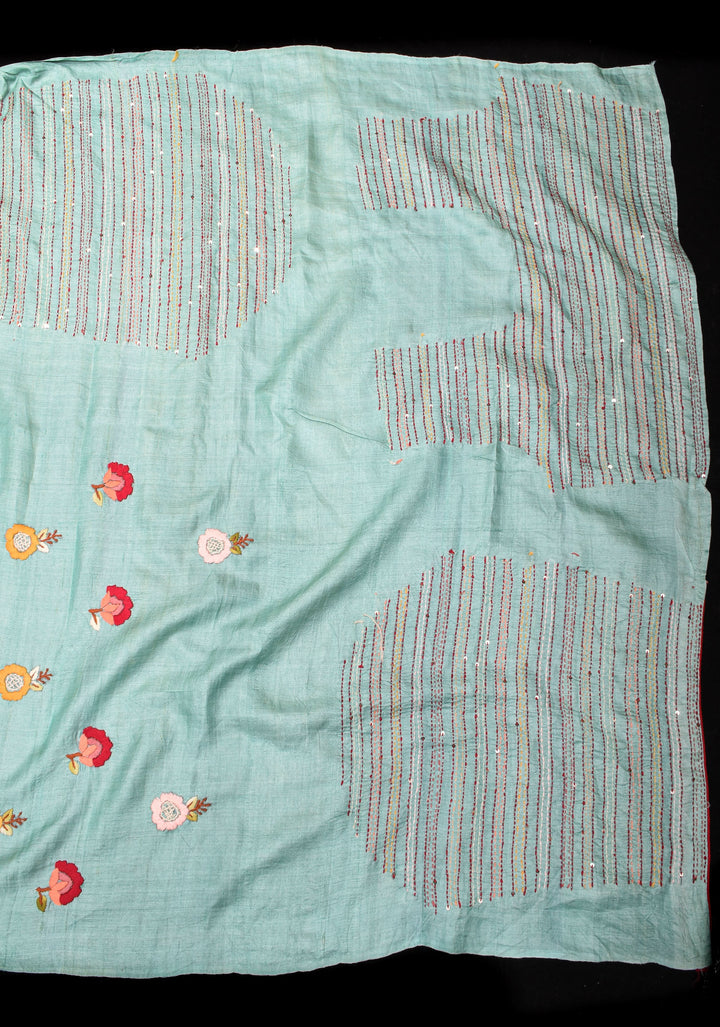 Aqua Blue and Bluish Gray Ombre Tussar silk saree with Kantha hand embroidery Floral Design | SILK MARK CERTIFIED