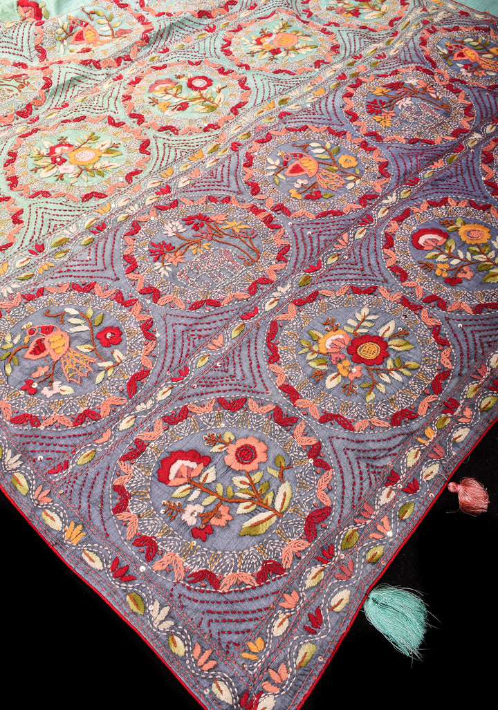 Aqua Blue and Bluish Gray Ombre Tussar silk saree with Kantha hand embroidery Floral Design | SILK MARK CERTIFIED