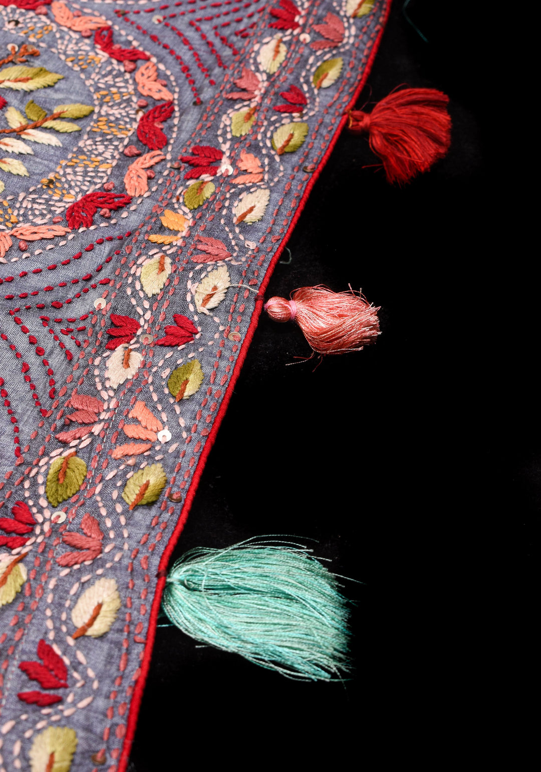 Aqua Blue and Bluish Gray Ombre Tussar silk saree with Kantha hand embroidery Floral Design | SILK MARK CERTIFIED