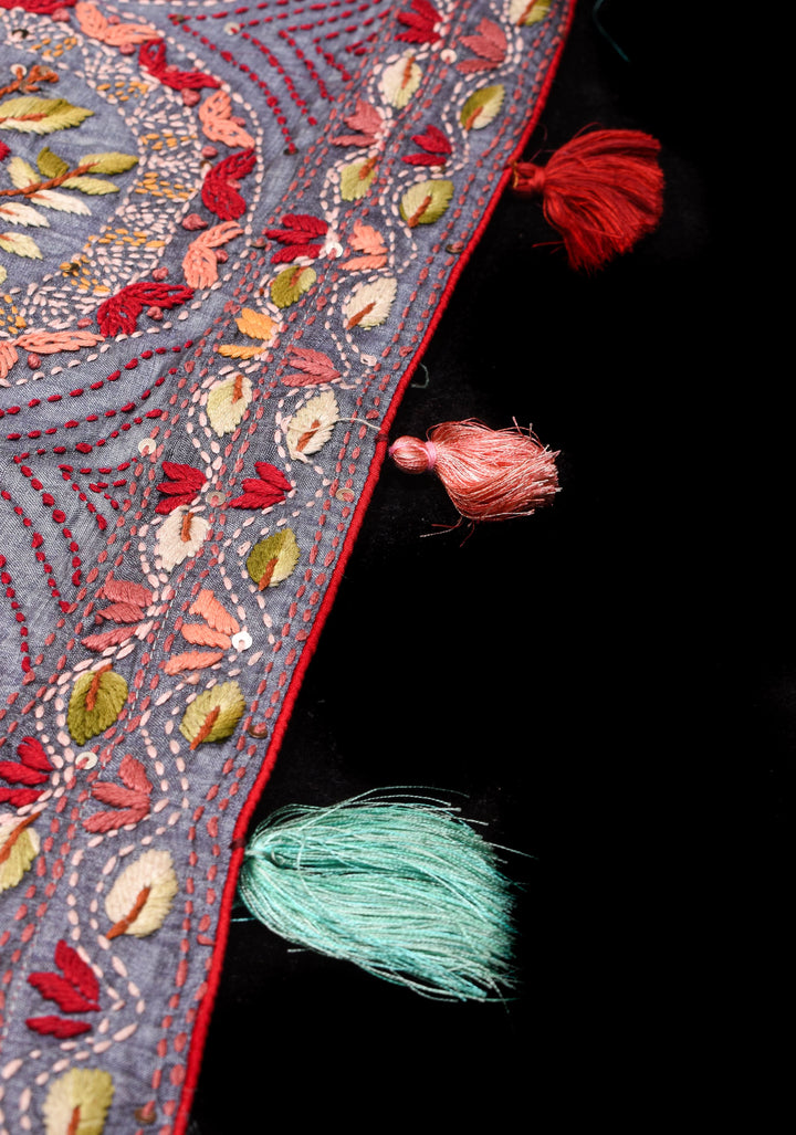 Aqua Blue and Bluish Gray Ombre Tussar silk saree with Kantha hand embroidery Floral Design | SILK MARK CERTIFIED