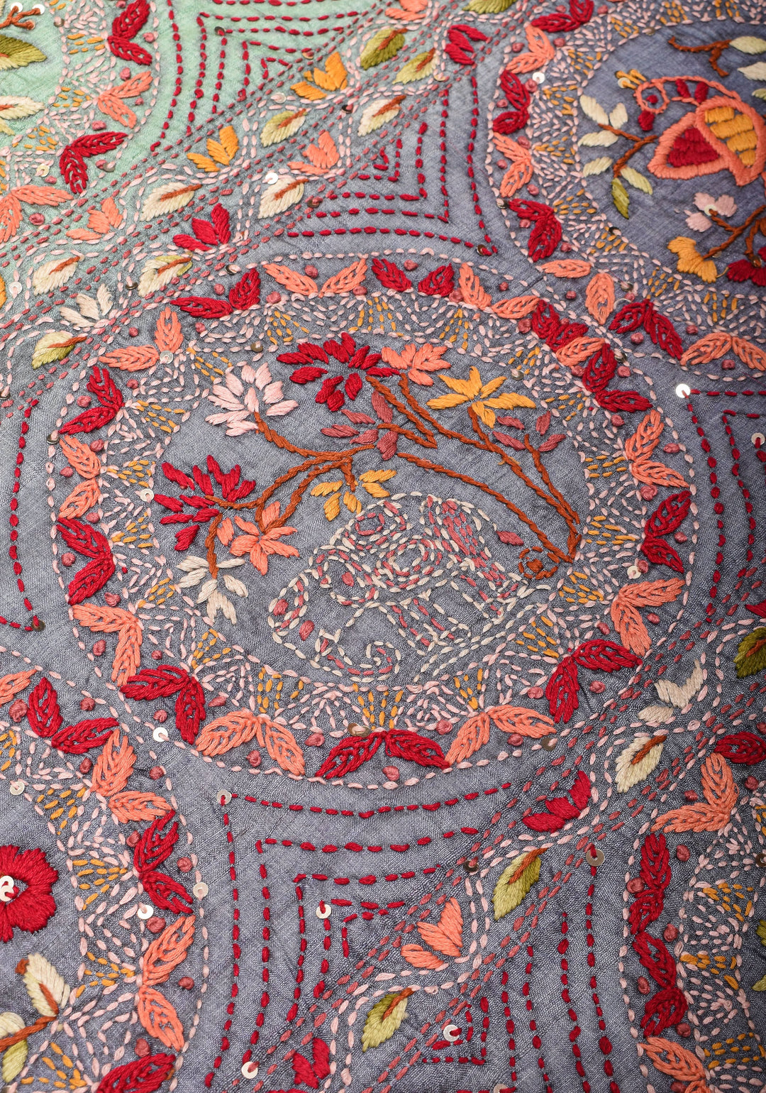 Aqua Blue and Bluish Gray Ombre Tussar silk saree with Kantha hand embroidery Floral Design | SILK MARK CERTIFIED