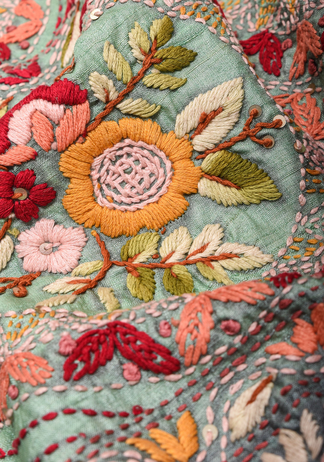 Aqua Blue and Bluish Gray Ombre Tussar silk saree with Kantha hand embroidery Floral Design | SILK MARK CERTIFIED