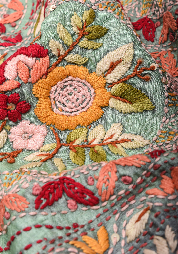 Aqua Blue and Bluish Gray Ombre Tussar silk saree with Kantha hand embroidery Floral Design | SILK MARK CERTIFIED