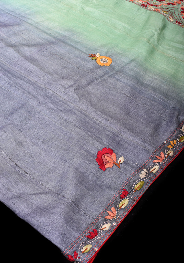 Aqua Blue and Bluish Gray Ombre Tussar silk saree with Kantha hand embroidery Floral Design | SILK MARK CERTIFIED