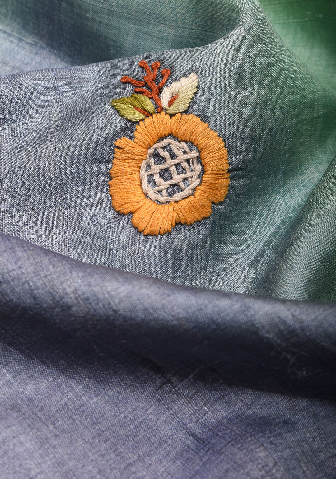 Aqua Blue and Bluish Gray Ombre Tussar silk saree with Kantha hand embroidery Floral Design | SILK MARK CERTIFIED