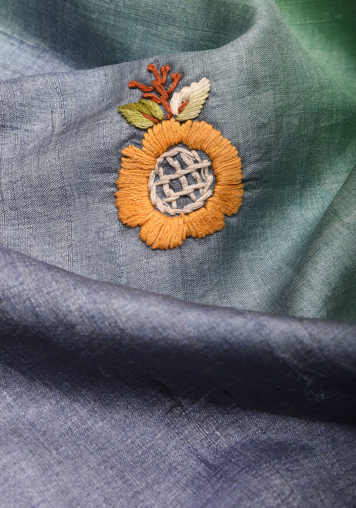 Aqua Blue and Bluish Gray Ombre Tussar silk saree with Kantha hand embroidery Floral Design | SILK MARK CERTIFIED