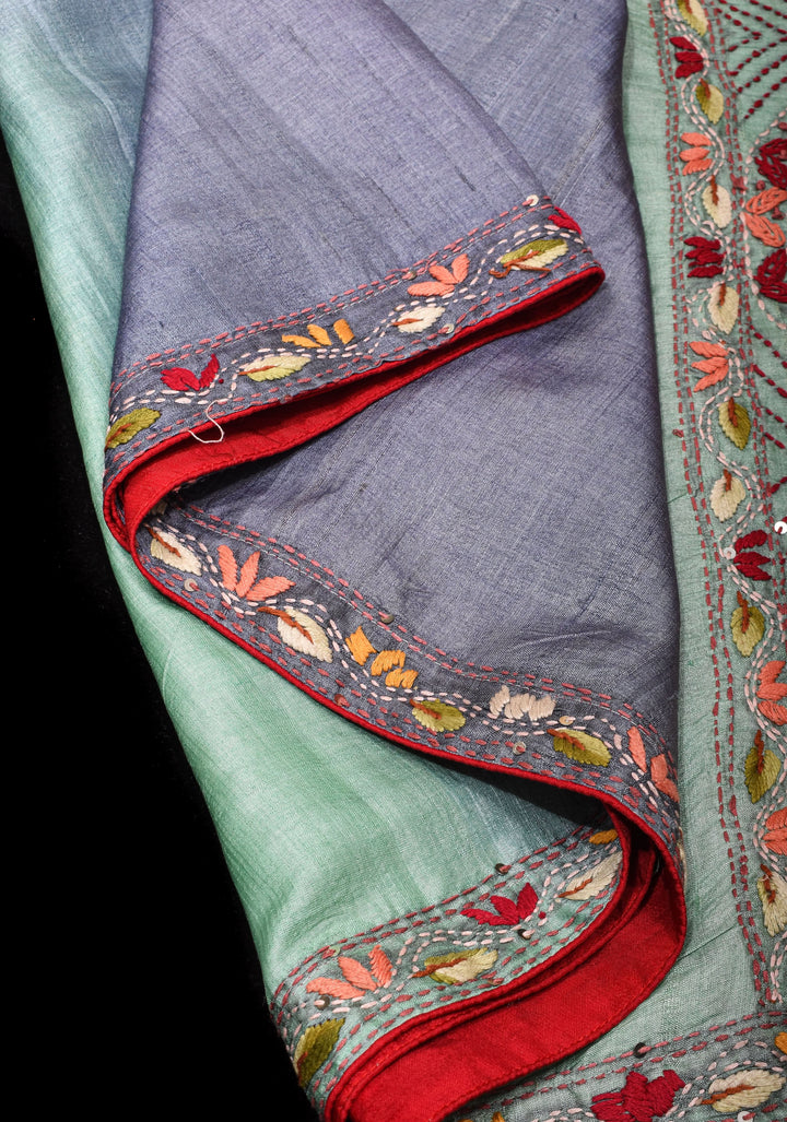 Aqua Blue and Bluish Gray Ombre Tussar silk saree with Kantha hand embroidery Floral Design | SILK MARK CERTIFIED