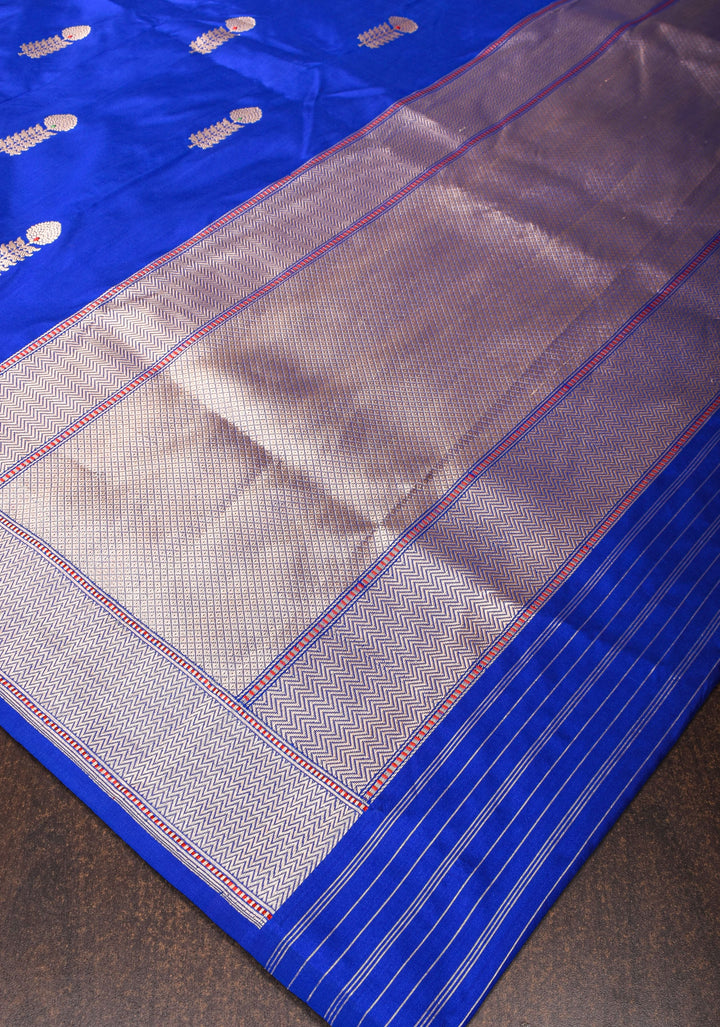 Royal Blue Pure Banarasi Katan Silk Saree with Kadhuwa Meenakari Floral Buttas and Zari Border | SILK MARK CERTIFIED