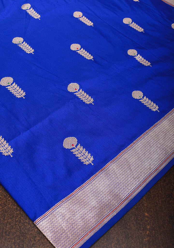 Royal Blue Pure Banarasi Katan Silk Saree with Kadhuwa Meenakari Floral Buttas and Zari Border | SILK MARK CERTIFIED