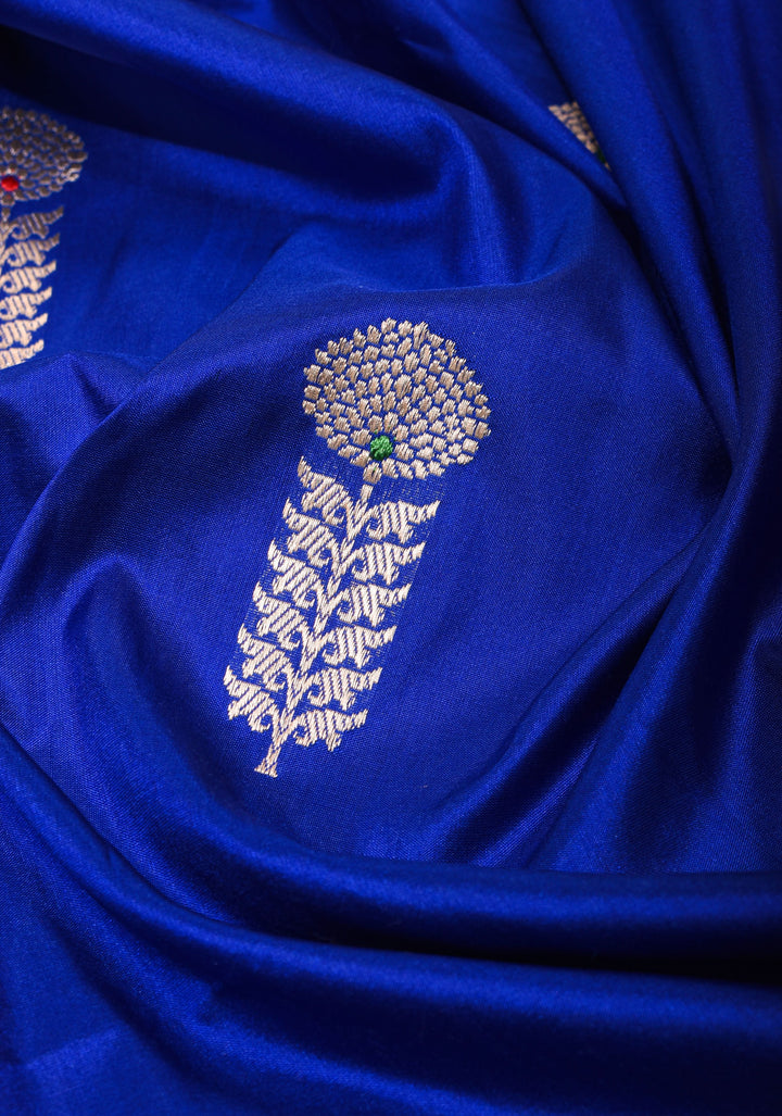 Royal Blue Pure Banarasi Katan Silk Saree with Kadhuwa Meenakari Floral Buttas and Zari Border | SILK MARK CERTIFIED