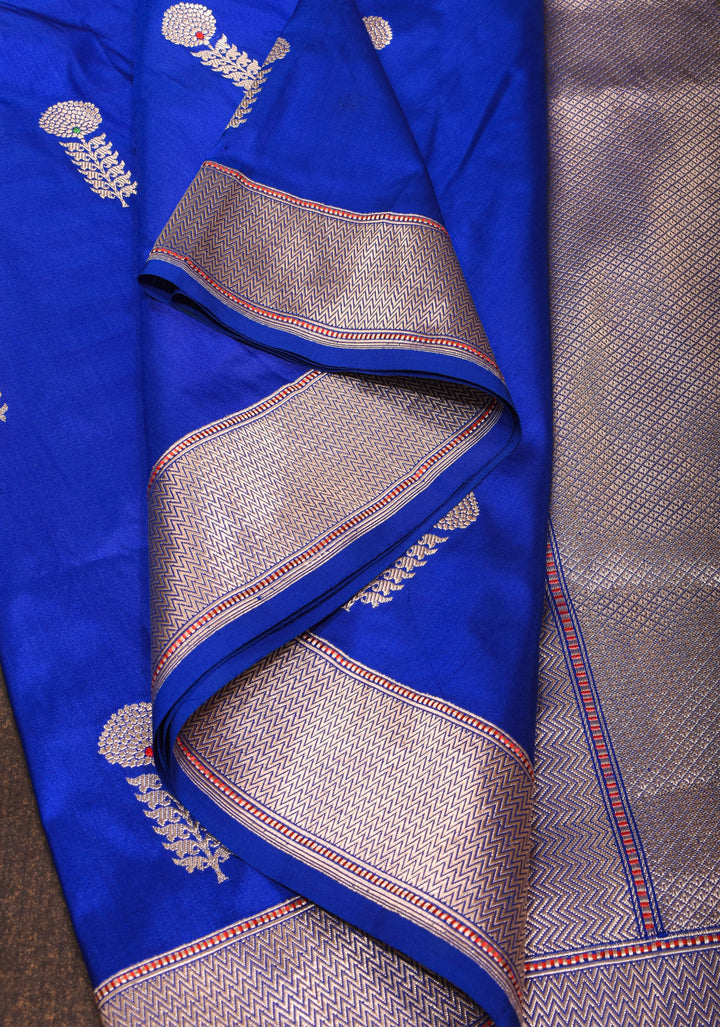 Royal Blue Pure Banarasi Katan Silk Saree with Kadhuwa Meenakari Floral Buttas and Zari Border | SILK MARK CERTIFIED