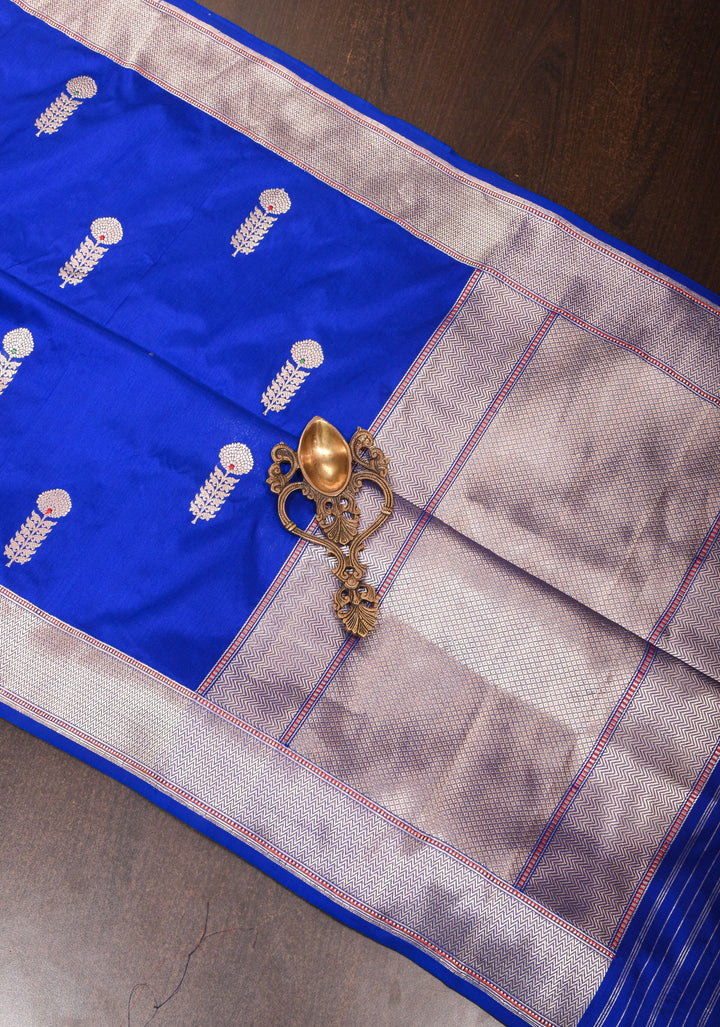 Royal Blue Pure Banarasi Katan Silk Saree with Kadhuwa Meenakari Floral Buttas and Zari Border | SILK MARK CERTIFIED