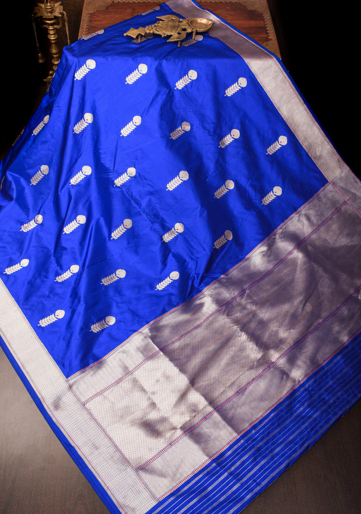 Royal Blue Pure Banarasi Katan Silk Saree with Kadhuwa Meenakari Floral Buttas and Zari Border | SILK MARK CERTIFIED