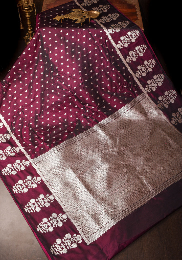 Purple black Mashru silk saree with silver zari floral border | SILK MARK CERTIFIED | SHOBITAM
