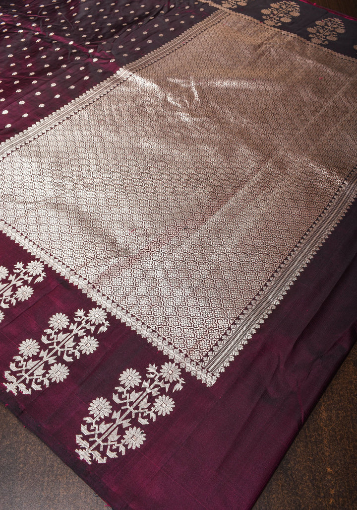 Purple black Mashru silk saree with silver zari floral border | SILK MARK CERTIFIED | SHOBITAM