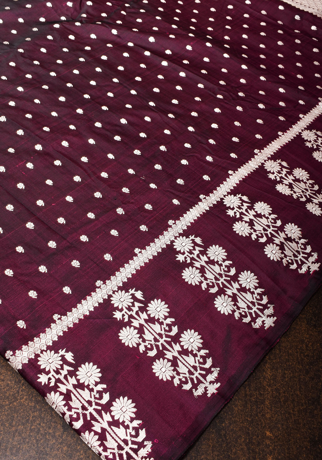 Purple black Mashru silk saree with silver zari floral border | SILK MARK CERTIFIED | SHOBITAM