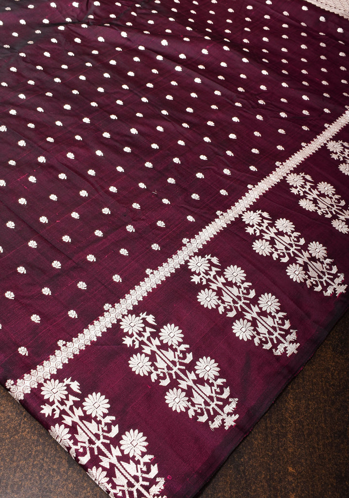 Purple black Mashru silk saree with silver zari floral border | SILK MARK CERTIFIED | SHOBITAM