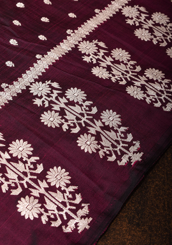 Purple black Mashru silk saree with silver zari floral border | SILK MARK CERTIFIED | SHOBITAM