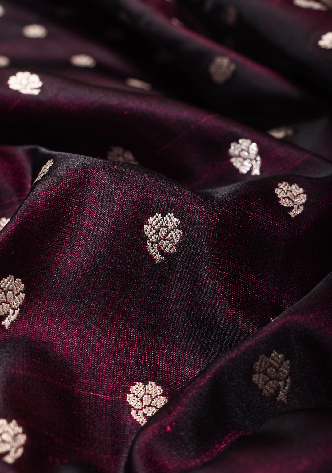 Purple black Mashru silk saree with silver zari floral border | SILK MARK CERTIFIED | SHOBITAM