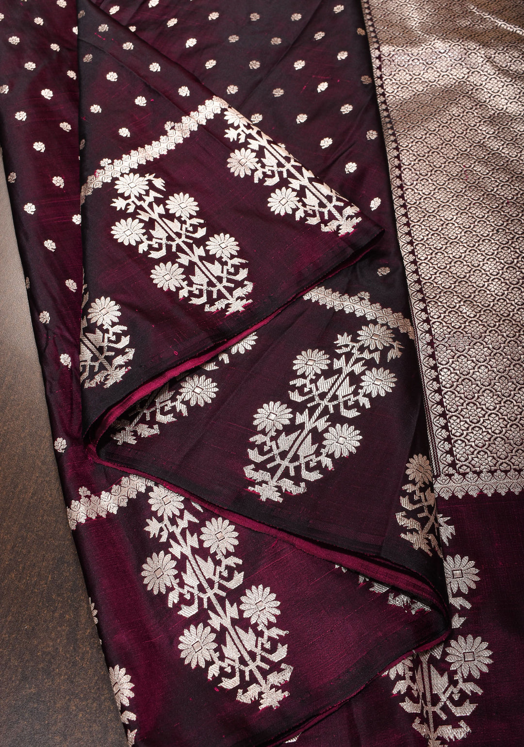 Purple black Mashru silk saree with silver zari floral border | SILK MARK CERTIFIED | SHOBITAM
