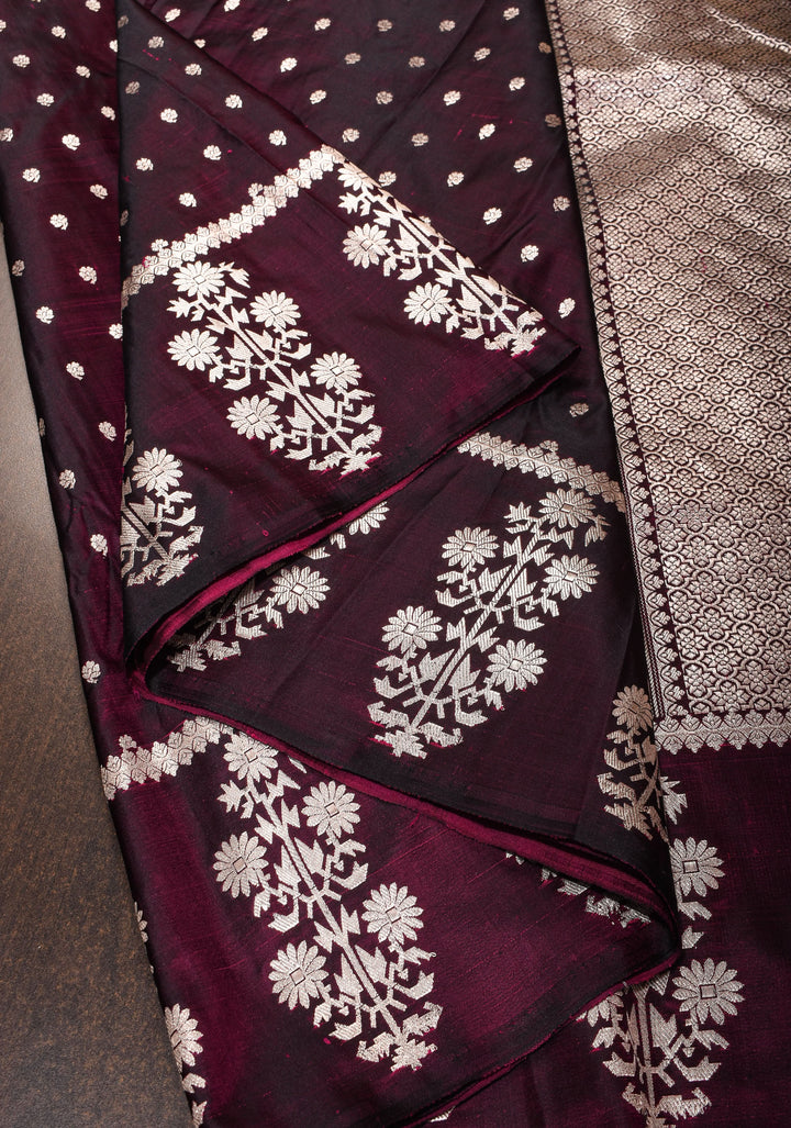 Purple black Mashru silk saree with silver zari floral border | SILK MARK CERTIFIED | SHOBITAM