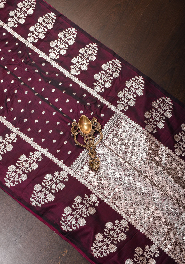 Purple black Mashru silk saree with silver zari floral border | SILK MARK CERTIFIED | SHOBITAM