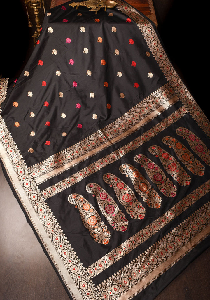 Banarasi Baluchari pure Katan silk saree with exquisite meenakari work in black | SILK MARK CERTIFIED | SHOBITAM