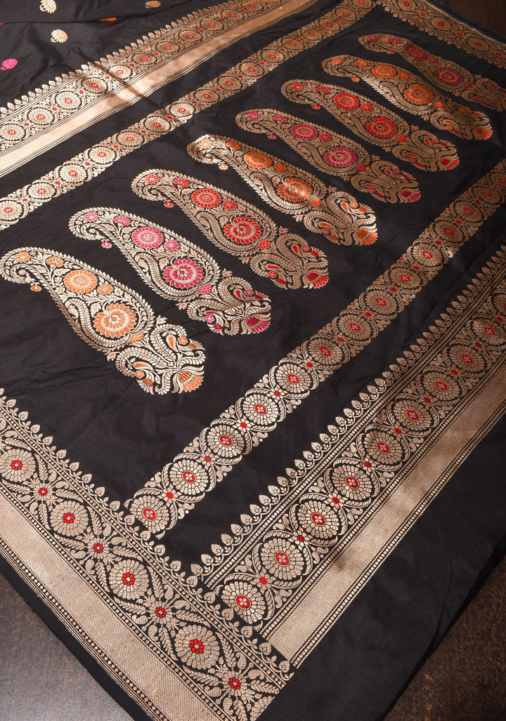 Banarasi Baluchari pure Katan silk saree with exquisite meenakari work in black | SILK MARK CERTIFIED | SHOBITAM
