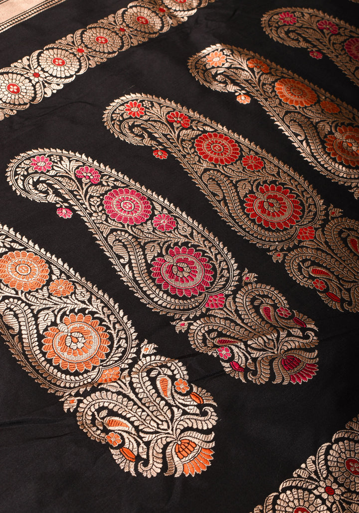 Banarasi Baluchari pure Katan silk saree with exquisite meenakari work in black | SILK MARK CERTIFIED | SHOBITAM