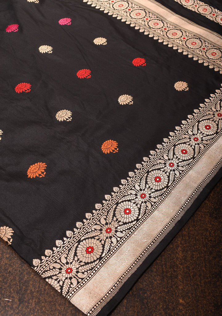 Banarasi Baluchari pure Katan silk saree with exquisite meenakari work in black | SILK MARK CERTIFIED | SHOBITAM