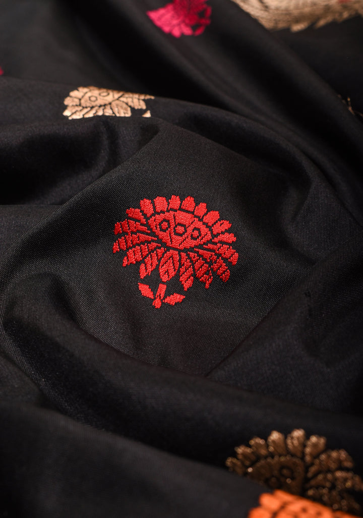 Banarasi Baluchari pure Katan silk saree with exquisite meenakari work in black | SILK MARK CERTIFIED | SHOBITAM