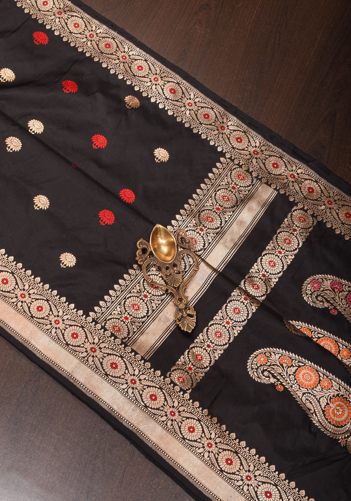 Banarasi Baluchari pure Katan silk saree with exquisite meenakari work in black | SILK MARK CERTIFIED | SHOBITAM