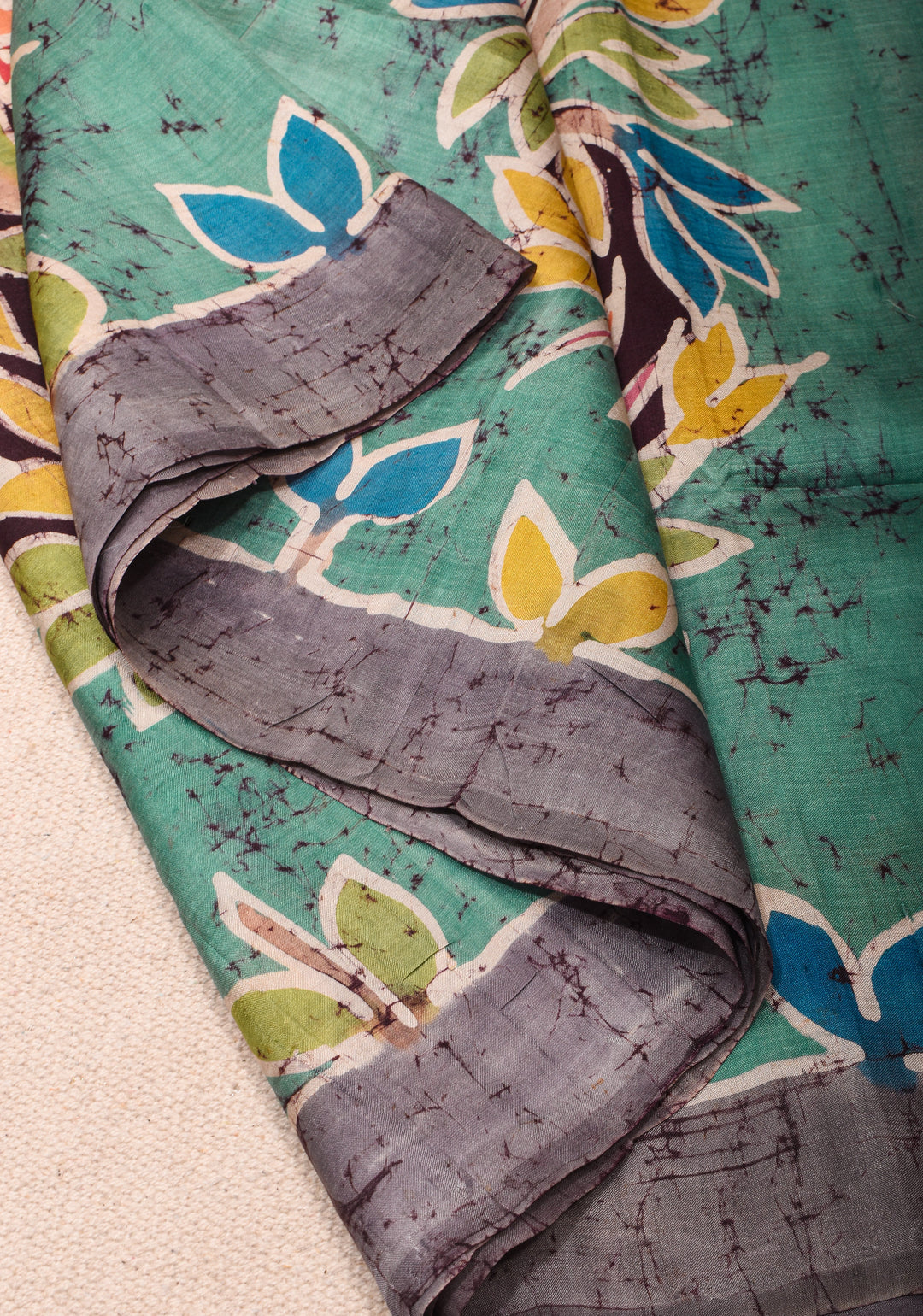 Bishnupuri  Floral Hand Wax Batik Silk Saree in Teal | SILK MARK CERTIFIED