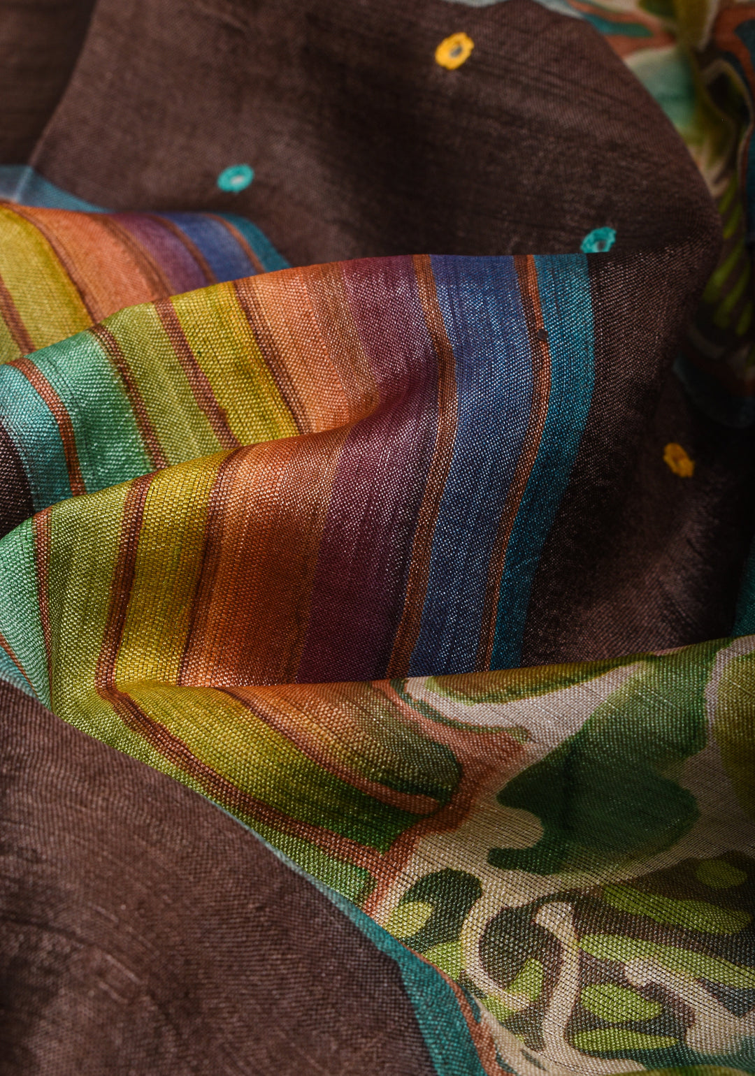 Brown Lightweight Tussar Silk Saree with Hand Batik Design and Mirror work | SILK MARK CERTIFIE