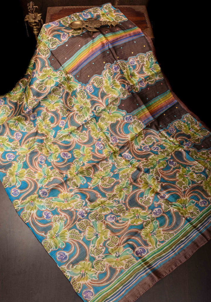 Brown Lightweight Tussar Silk Saree with Hand Batik Design and Mirror work | SILK MARK CERTIFIE