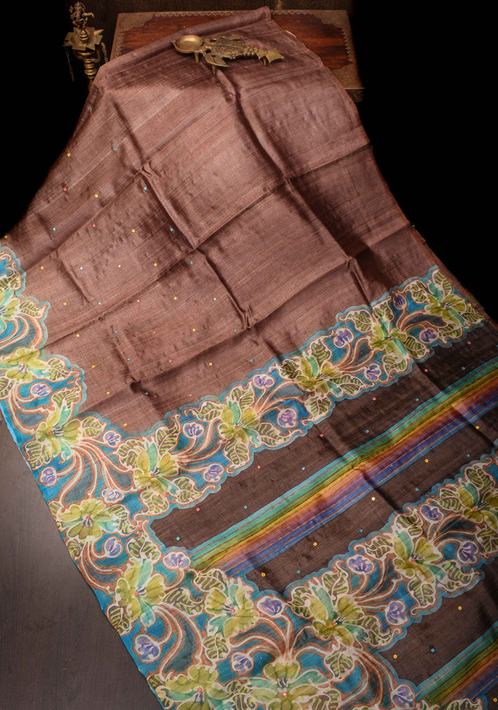 Brown Lightweight Tussar Silk Saree with Hand Batik Design and Mirror work | SILK MARK CERTIFIE