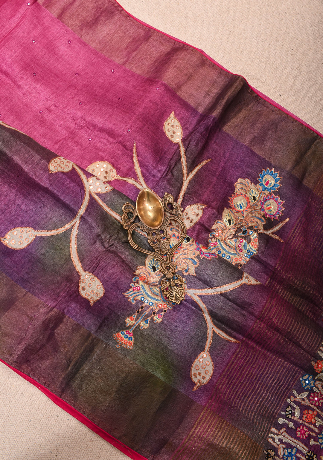 Purple Jari tussar Silk Saree with mirror and pitta work | SILK MARK CERTIFIED