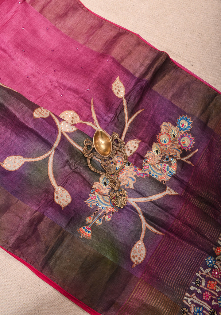 Purple Jari tussar Silk Saree with mirror and pitta work | SILK MARK CERTIFIED