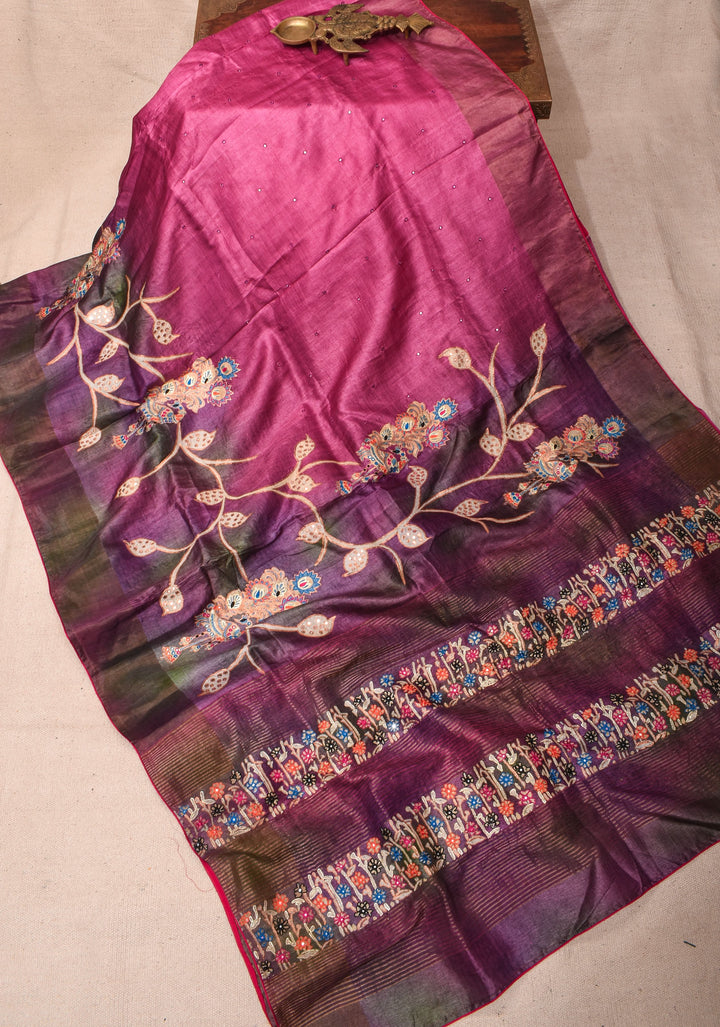 Purple Jari tussar Silk Saree with mirror and pitta work | SILK MARK CERTIFIED