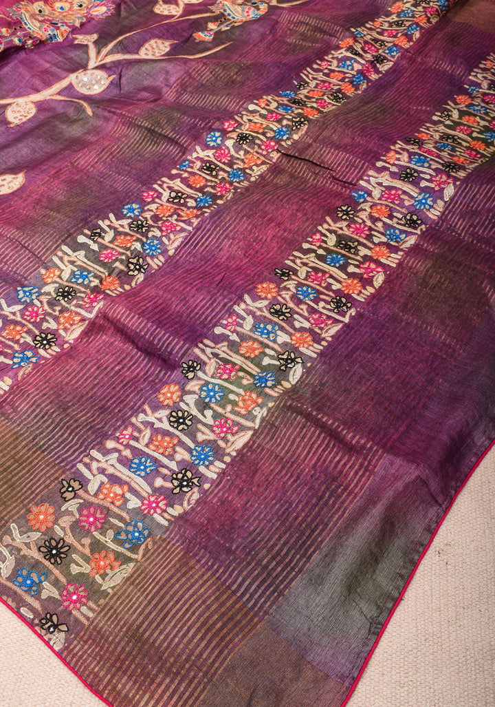 Purple Jari tussar Silk Saree with mirror and pitta work | SILK MARK CERTIFIED