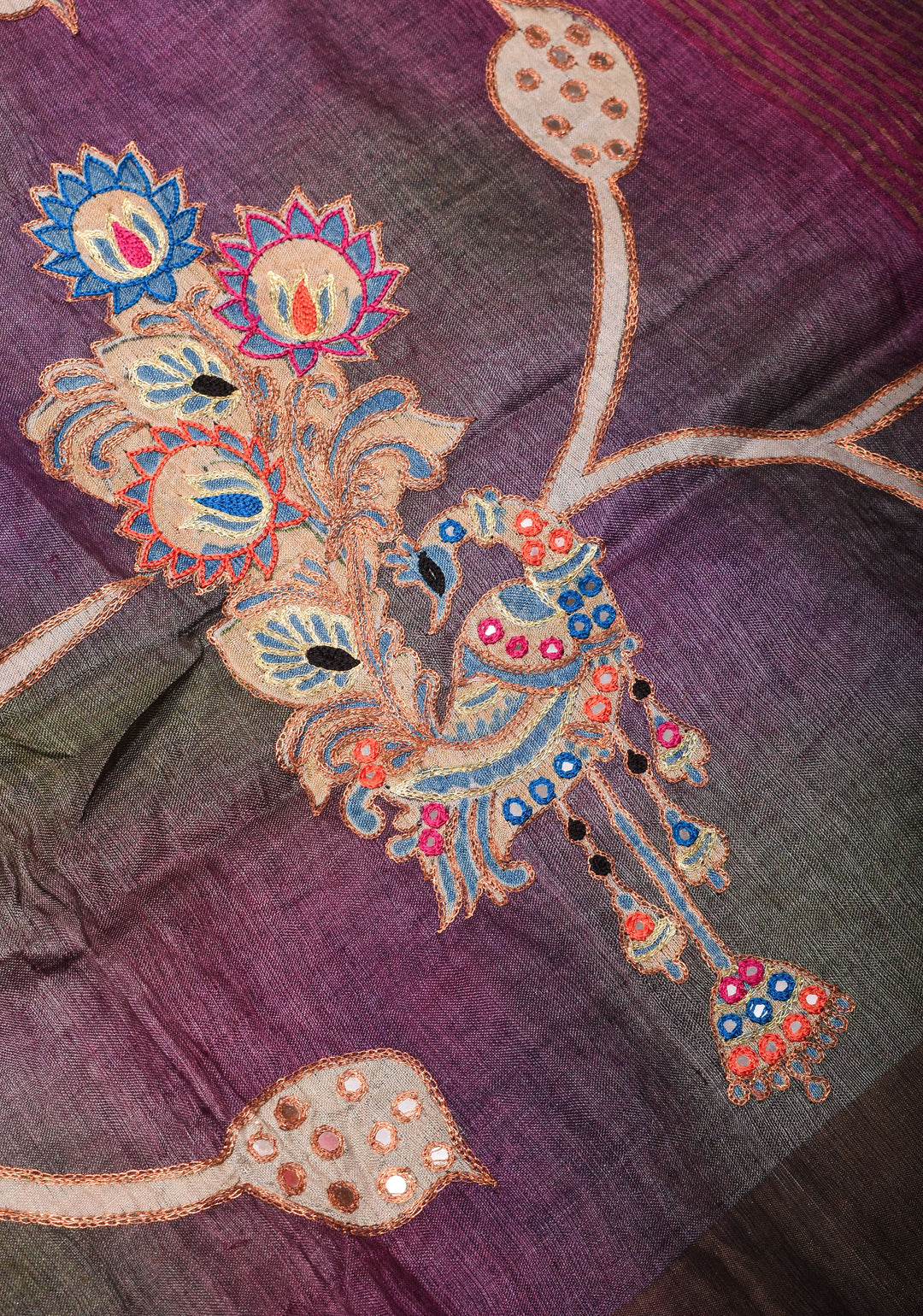 Purple Jari tussar Silk Saree with mirror and pitta work | SILK MARK CERTIFIED
